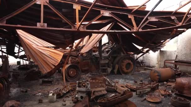 Hangar Remains Mechanisms Were Destroyed Burned Collapsed Metal Roof — Stock Video