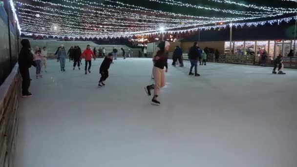 Canopy Twinkling Lights Skaters Glide Rink Adding Magic Christmas Celebration — Stock video