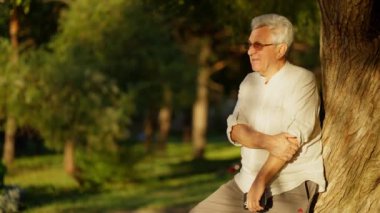 Gün batımında parkta dinlenen, bir ağaca yaslanmış gülümseyen yaşlı bir adam..