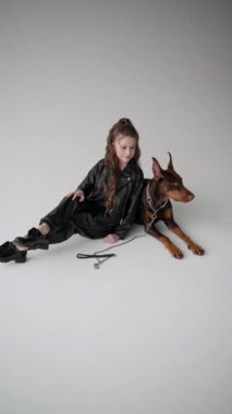 Kıvırcık saçlı minyon model, siyah takım elbise içinde yerde oturuyor ve Doberman 'ın arkadaşlığından keyif alıyor..