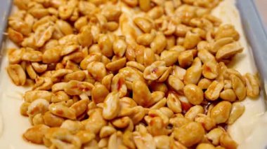 Karamel kaplı fıstıklara yakın çekim. Karamel kaplamasından ışık saçan iştah açıcı fındıklar.