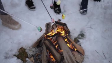Bir grup karda bir kamp ateşi etrafında toplanıyor, şişler üzerinde renkli şekerlemeler kızartıyorlar..