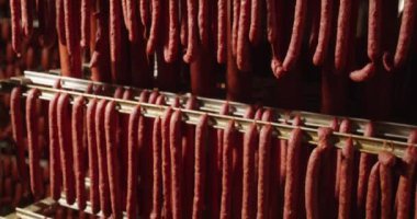 Bir üretim tesisinin içindeki metal raflarda asılı duran sıra sıra tütsülenmiş sosislerin yakından görüntüsü - kontrollü koşullar altında etin kurutulması süreci.