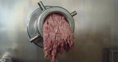 Yer eti endüstriyel bir makineden fabrika ortamında metal bir konteynıra akıyor..