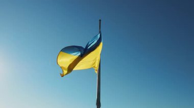 Mavi ve sarı renkli Ukrayna bayrağı açık mavi gökyüzüne karşı rüzgarda dalgalanır..