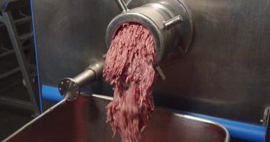Bir gıda işleme tesisinde, endüstriyel bir et öğütücüsünden çıkan kıyma metal bir konteynıra düşer..