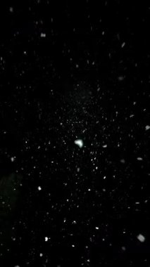 Gece gökyüzünde kar taneleri düşüyor, ışıkla aydınlanıyor, büyüleyici bir kış manzarası yaratıyor..