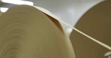 Bir baskı ya da ambalaj tesisinde büyük bir rulo kağıt sökülüyor. Endüstriyel bir süreçte materyalin pürüzsüz dolaşımı. Temiz bir üretim ortamında bir kağıt makarasının yakın çekimi.