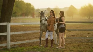 Genç bir binici gri bir atın dizginlerini tutuyor ve kadın bir fotoğrafçı fotoğraf çekmek üzere..
