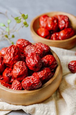 fresh korean jujube fruit in wood bowl