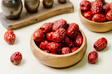 fresh korean jujube fruit in wood bowl