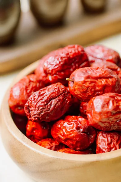 fresh korean jujube fruit in wood bowl