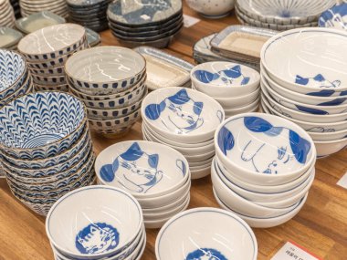 Seoul, Korea - FEB. 18, 2023 : Various types of crockery and bowl for sale in a supermarket shelf