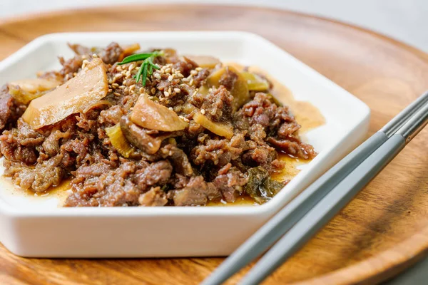 Bulgogi Korean Τροφίμων Bulgogi Παρασκευάζεται Βόειο Κρέας Που Έχει Μαριναριστεί — Φωτογραφία Αρχείου
