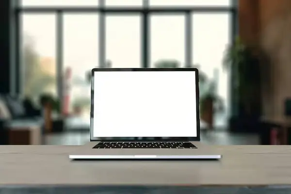 带有空白屏幕的笔记本电脑或笔记本电脑 在模糊的背景下 带有包裹递送办公室快件 免版税图库图片