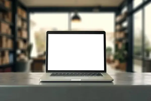 带有空白屏幕的笔记本电脑或笔记本电脑 在模糊的背景下 带有包裹递送办公室快件 图库图片