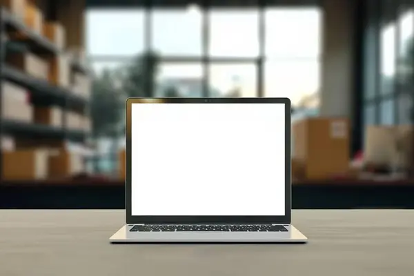 带有空白屏幕的笔记本电脑或笔记本电脑 在模糊的背景下 带有包裹递送办公室快件 图库图片
