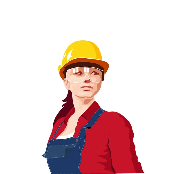 Mädchen Trägt Arbeitsuniform Und Gelben Helm Ihren Kopf Schützen — Stockvektor