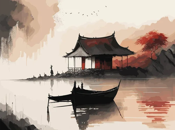 中国の背景 変色された色 米のペーパー質 スプラッシュのペンキ ニンビン町 ボート 赤い太陽 古いコテージ レイクサイド 朝のライト — ストックベクタ