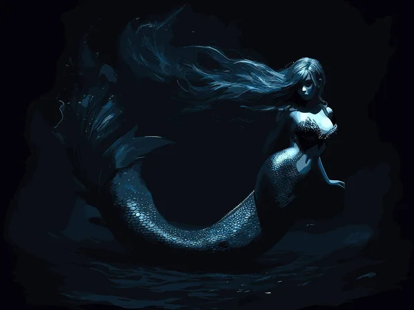 蓝色海水的背景上有一条美丽的美人鱼 头发飘扬 尾巴优美 — 图库矢量图片