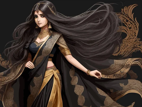 Sari Indien Belle Fille Aux Cheveux Longs Portant Sari Indien — Image vectorielle