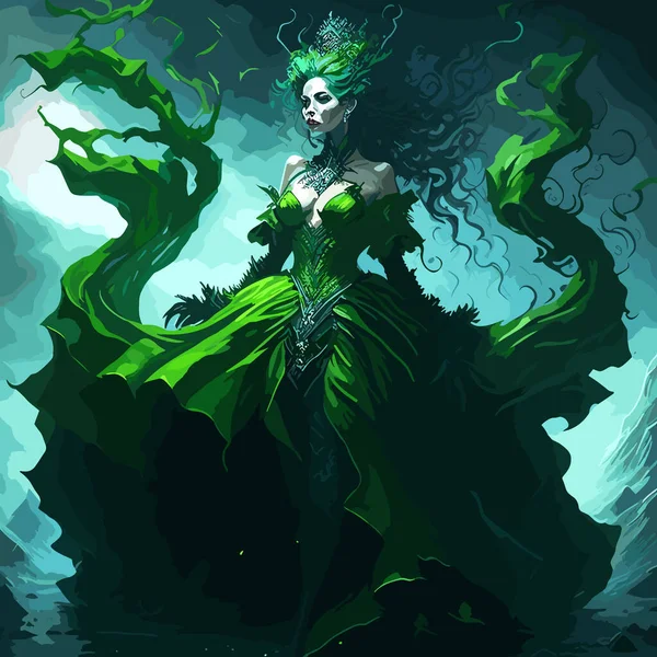 Прекрасная Ядовитая Принцесса Украшенная Сверкающим Зеленым Платьем Окруженная Облаком Токсичного — стоковый вектор