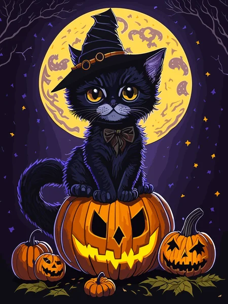 Котёнок Носит Фиолетовую Чёрную Ведьмовскую Шляпу Оранжевой Лентой Золотой Пряжкой — стоковый вектор