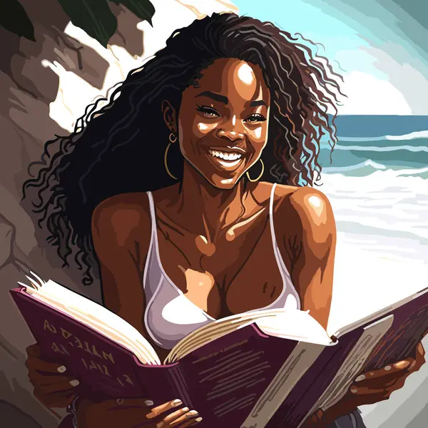 Μια Χαμογελαστή Μαύρη Γυναίκα Μακριά Σγουρά Μαλλιά Κάθεται Μια Παραλία — Διανυσματικό Αρχείο