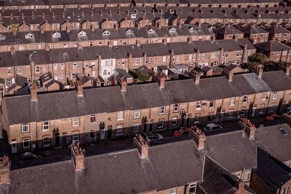 stock image Aerial view of old terraced houses on back to back streets in the suburbs of a large UK city