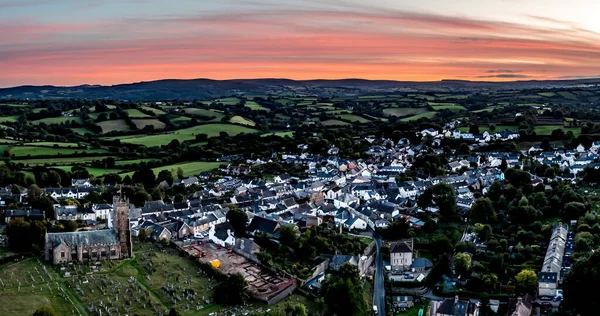 stock image  An aerial view of the popular Dartmoor town of Moretonhampstead at sunset