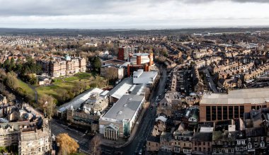 HARROGATE, UK - FEBRUARY 18, 2023.  An aerial view of the North Yorkshire Spa Town of Harrogate with the Victorian architecture of The Majestic Hotel and Royal Hall Exhibition Centre