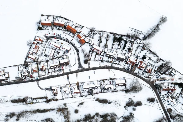 Повітряний Вид Карту Прямо Над Сільським Селом Будинками Покритими Снігом — стокове фото
