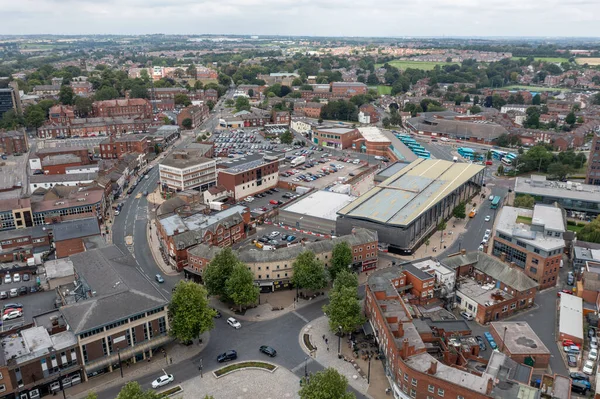 stock image WAKEFIELD, UK - AUGUST 17, 2023.  An aerial panoramic view of a Wakefield cityscape skyline with bus station in the town centre of this North East England city