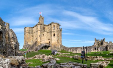 WARKWORTH CASTLE, NORTHUMBERLAND, UK - MARCH 16, 2024. Panoramic landscape of the interior of Warkworth Castle with the cross shaped Keep and ruins with copy space clipart