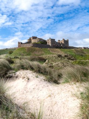 BAMBURGH Şatosu, NORTHUMBERLAND, İngiltere - 23 Nisan 2024. Vertorama manzara manzarası Bamburgh kalesi ve güzel Northumberland sahilindeki kum tepeleri mavi gökyüzü ve güneş ışığıyla