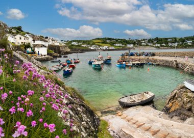 CoverACK, CORNWALL, UK - 4 Haziran 2024. Geleneksel Cornish balıkçı teknelerinin manzarası yaz mevsiminde Cornish deniz mahsulü çiçekleriyle Coverack adlı tuhaf balıkçı köyünün gelgit limanında demirlemiş.