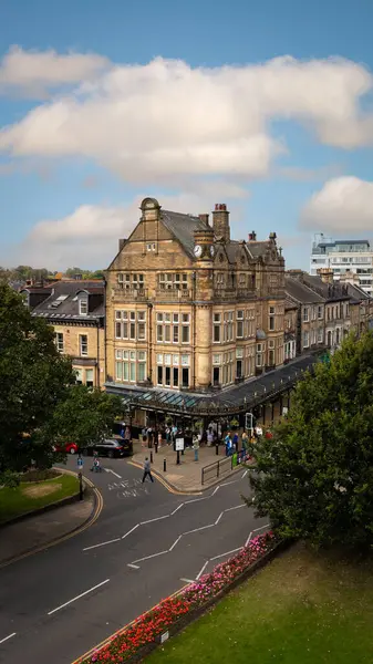 stock image HARROGATE, UK -  SEPTEMBER 21, 2024.   Aerial landscape view of the exterior of the Victorian architecture of Betty's Cafe and Tea Rooms in Harrogate, North Yorkshire which is a popular tourist destination