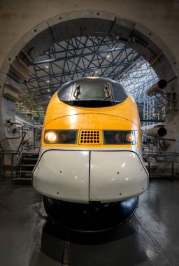 NATIONAL RAILWAY MUSEUM, YORK, UK - OCTOBER 6, 2024.  Front view of a Eurostar Class 373 High Speed express passenger train with Channel Tunnel display in The National Railway Museum in York clipart