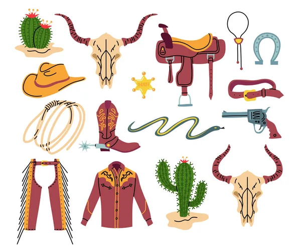 ベクトルイラスト カウボーイの手描きのドドルセット 馬の鞍 保安官の星 頭蓋骨とサボテンの植物とラソロープ シュプール付きの靴 カウボーイハットのイラスト パンツ シャツ 銃を守る — ストックベクタ