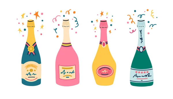 Illustration Vectorielle Bouteilles Champagne Différentes Formes Couleurs Vin Mousseux Rose — Image vectorielle