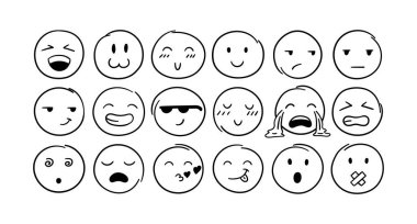 Vektör el karalama emojisini farklı duygularla çizdi. Farklı duygusal ifadeleri olan yuvarlak sevimli yüzler. Hat mutlu, tarafsız, ağlayan, heyecanlı ve sosyal medya için hoş yüzler.
