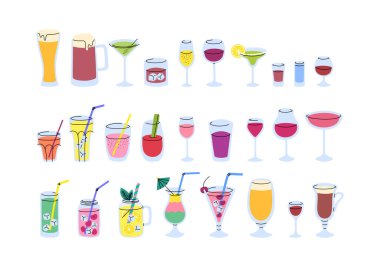 Alkollü ve alkolsüz bardaklar hazır. İçeceklerle doldurulmuş farklı bardakları karala. Votka, viski, rom, bira ve şarap tipleri. Mojito, tekila izole edilmiş..