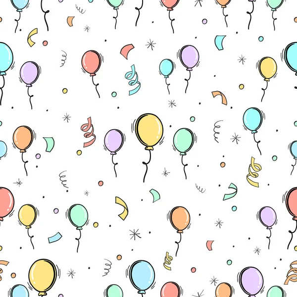 Compleanno Doodle Palloncini Modello Confetti — Vettoriale Stock