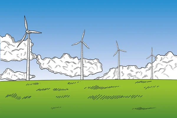 野外多彩的手绘风力涡轮机 — 图库矢量图片