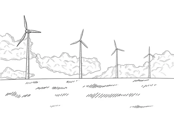 Handgetekende Windturbines Het Veld — Stockvector