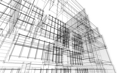 Odalı ev planının siyah beyaz çizimi. 3d grafik illüstrasyonu 
