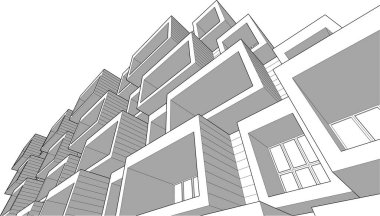 Evin geometrik 3D grafik çizimi. siyah beyaz bina inşaatı