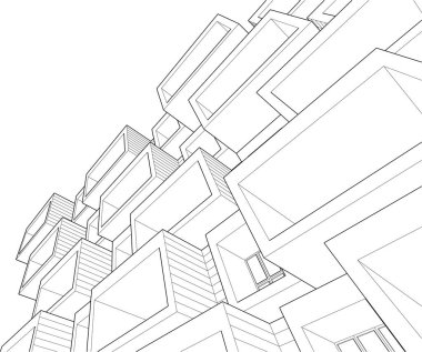Evin geometrik 3D grafik çizimi. siyah beyaz bina inşaatı