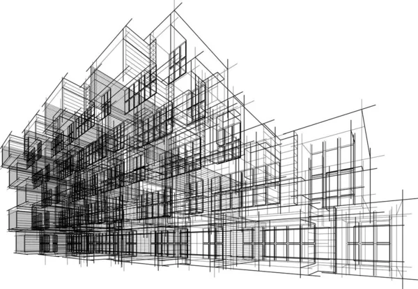 Dibujo Gráfico Boceto Casa Construcción Edificios Blanco Negro — Vector de stock