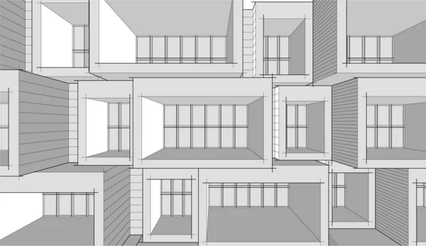 Progetto Geometrico Schizzo Modello Digitale Casa Costruzione Edificio Bianco Nero — Vettoriale Stock